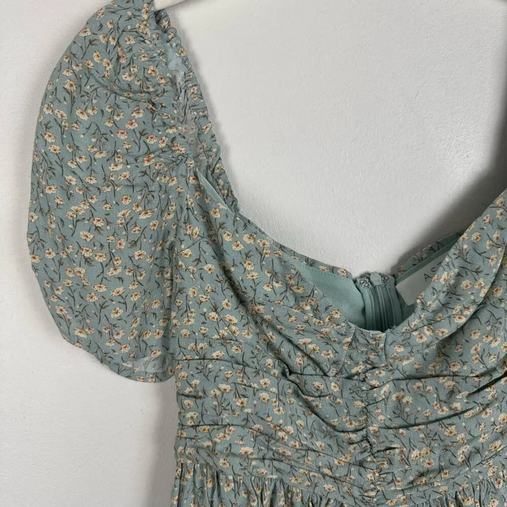 ASTR The Label Blue Ditsy Floral Cropped Peplum Ruched Top Puff Sleeve Size S